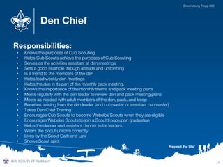 Den Chief
Responsibilities:
• Knows the purposes of Cub Scouting
• Helps Cub Scouts achieve the purposes of Cub Scouting
• Serves as the activities assistant at den meetings
• Sets a good example through attitude and uniforming
• Is a friend to the members of the den
• Helps lead weekly den meetings
• Helps the den in its part of the monthly pack meeting.
• Knows the importance of the monthly theme and pack meeting plans
• Meets regularly with the den leader to review den and pack meeting plans
• Meets as needed with adult members of the den, pack, and troop
• Receives training from the den leader (and cubmaster or assistant cubmaster)
• Takes Den Chief Training
• Encourages Cub Scouts to become Webelos Scouts when they are eligible
• Encourages Webelos Scouts to join a Scout troop upon graduation
• Helps the denner and assistant denner to be leaders.
• Wears the Scout uniform correctly
• Lives by the Scout Oath and Law
• Shows Scout spirit
17
Brownsburg Troop 396
 