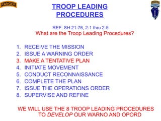 What are the Troop Leading Procedures?
1. RECEIVE THE MISSION
2. ISSUE A WARNING ORDER
3. MAKE A TENTATIVE PLAN
4. INITIATE MOVEMENT
5. CONDUCT RECONNAISSANCE
6. COMPLETE THE PLAN
7. ISSUE THE OPERATIONS ORDER
8. SUPERVISE AND REFINE
WE WILL USE THE 8 TROOP LEADING PROCEDURES
TO DEVELOP OUR WARNO AND OPORD
REF: SH 21-76, 2-1 thru 2-5
TROOP LEADING
PROCEDURES
 