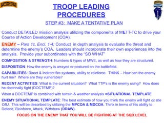 TROOP LEADING
PROCEDURES
STEP #3: MAKE A TENTATIVE PLAN
Conduct DETAILED mission analysis utilizing the components of METT-TC to drive your
Course of Action Development (COA).
ENEMY – Para 1c, Encl. 1-4; Conduct in depth analysis to evaluate the threat and
determine the enemy’s COA. Leaders should incorporate their own experiences into the
analysis. Provide your subordinates with the “SO WHAT”
COMPOSITION & STRENGTH: Numbers & types of MWE, as well as how they are structured.
DISPOSITION: How the enemy is arrayed or postured on the battlefield.
CAPABILITIES: Direct & Indirect fire systems, ability to reinforce. THINK – How can the enemy
hurt me? Where are they vulnerable?
RECENT ACTIVITIES: What is the current situation? What TTP’s is the enemy using? How does
he doctrinally fight (DOCTEMP)?
When a DOCTEMP is combined with terrain & weather analysis =SITUATIONAL TEMPLATE
ENEMY SITUATIONAL TEMPLATE: The best estimate of how you think the enemy will fight on the
OBJ. This will be described by utilizing the MPCOA & MDCOA. Think in terms of his ability to
Defend, Reinforce, Attack, Withdraw (DRAW).
FOCUS ON THE ENEMY THAT YOU WILL BE FIGHTING AT THE SQD LEVEL
 