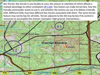 K 1
K 2
Key Terrain: Key terrain is any locality or area, the seizure or retention of which affords a
marked advantage to either combatant (JP 1-02). Two factors can make terrain key: how the
friendly commander wants to use it, and whether the enemy can use it to defeat a friendly
COA. Different COAs may have different key terrain associated with them. The same terrain
feature may not be key for all COAs. Terrain adjacent to the AO may be key if its control is
necessary to accomplish the mission. Examples: High ground, intersections…
 