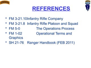 • FM 3-21.10Infantry Rifle Company
• FM 3-21.8 Infantry Rifle Platoon and Squad
• FM 5-0 The Operations Process
• FM 1-02 Operational Terms and
Graphics
• SH 21-76 Ranger Handbook (FEB 2011)
REFERENCES
 