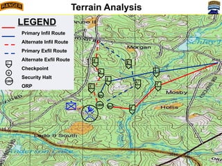 D
●
1 1/A 2
1
Terrain Analysis
1
2
SH
ORP
1
2
3
1
2
LEGEND
Primary Infil Route
Alternate Infil Route
Primary Exfil Route
Alternate Exfil Route
Checkpoint
Security Halt
ORP
1
S
ORP
SH
 