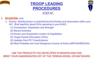 TROOP LEADING
PROCEDURES
STEP #7:
1. SITUATION: cont.
c. Enemy: Identify known or potential terrorist threats and adversaries within your
AO. Brief specifics about HVIs operating in your AI/AO.
(1) Composition, Disposition and Strength
(2) Recent Activities
(3) Known and Suspected Location & Capabilities
(4) Target Packet Information (HVIs)
(5) Updates from PLT Coordinations
(6) Most Probable and most Dangerous Course of Action (MPCOA/MDCOA)
USE THE PRODUCTS YOU DEVELOPED IN MISSION ANALYSIS
BRIEF YOUR SUBORDINATES OFF OF THE TERRAIN MODEL OR MAP BOARD.
 