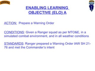 ENABLING LEARNING
OBJECTIVE (ELO) A
ACTION: Prepare a Warning Order
CONDITIONS: Given a Ranger squad as per MTO&E, in a
simulated combat environment, and in all weather conditions
STANDARDS: Ranger prepared a Warning Order IAW SH 21-
76 and met the Commander’s intent
 