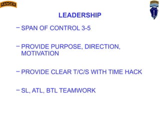 LEADERSHIP
– SPAN OF CONTROL 3-5
– PROVIDE PURPOSE, DIRECTION,
MOTIVATION
– PROVIDE CLEAR T/C/S WITH TIME HACK
– SL, ATL, BTL TEAMWORK
 