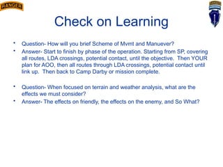 Check on Learning
• Question- How will you brief Scheme of Mvmt and Manuever?
• Answer- Start to finish by phase of the operation. Starting from SP, covering
all routes, LDA crossings, potential contact, until the objective. Then YOUR
plan for AOO, then all routes through LDA crossings, potential contact until
link up. Then back to Camp Darby or mission complete.
• Question- When focused on terrain and weather analysis, what are the
effects we must consider?
• Answer- The effects on friendly, the effects on the enemy, and So What?
 