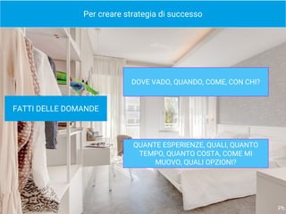 Per creare strategia di successo
DOVE VADO, QUANDO, COME, CON CHI?
QUANTE ESPERIENZE, QUALI, QUANTO
TEMPO, QUANTO COSTA, COME MI
MUOVO, QUALI OPZIONI?
FATTI DELLE DOMANDE
Ph.
 