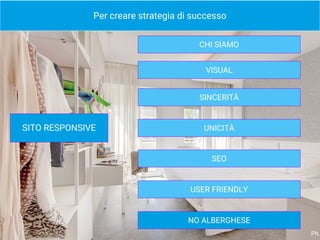 Per creare strategia di successo
CHI SIAMO
SITO RESPONSIVE
VISUAL
SINCERITÀ
UNICITÀ
NO ALBERGHESE
SEO
USER FRIENDLY
Ph.
 