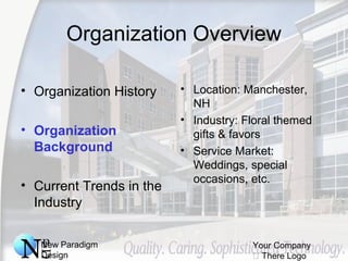 New Paradigm
Design
Your Company
 There Logo
Organization Overview
• Organization History
• Organization
Background
• Current Trends in the
Industry
• Location: Manchester,
NH
• Industry: Floral themed
gifts & favors
• Service Market:
Weddings, special
occasions, etc.
 