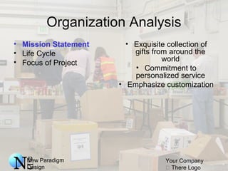 New Paradigm
Design
Your Company
 There Logo
Organization Analysis
• Exquisite collection of
gifts from around the
world
• Commitment to
personalized service
• Emphasize customization
• Mission Statement
• Life Cycle
• Focus of Project
 