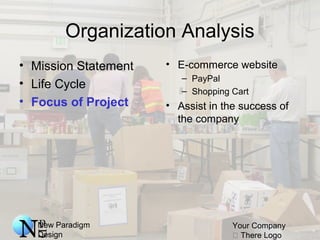 New Paradigm
Design
Your Company
 There Logo
Organization Analysis
• Mission Statement
• Life Cycle
• Focus of Project
• E-commerce website
– PayPal
– Shopping Cart
• Assist in the success of
the company
 