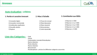 Annexes
Annexes
9 | Trophées Innovation
1. Portée et caractère innovant
1) Innovation légère
2) Innovation incrémentale
3) Amélioration significative
4) Nouvelle solution
5) Rupture
Auto-évaluation : critères
2. Mise à l’échelle
1) Preuve de concept
2) Pilote laboratoire
3) Pilote industriel
4) Démonstrateur
5) Unité industrielle
3. Contribution aux ODDs
1) Réponse à 1 ODD
2) Réponse à 2 ou 3 ODD
3) Réponse à 3 ou 4 ODD
4) Réponse à 4 ou 5 ODD
5) Réponse à >5 ODD
Liste des Catégories : Fuels
Chimie
Carbonatation minérale/Minéralisation
Electro-réduction
Photo-réduction
Plasma réduction
Bioconversion
Pluridisciplinaire : préciser les différentes catégories concernées
 