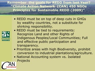 Remember  the goals for REDD from last Year? “ Climate Action Network  (CAN) 450 NGOs Principles for Sustainable REDD (2009)” REDD must be on top of deep cuts in GHGs  by wealthy countries, not a substitute for  shirking responsibility. REDD must be tied to requirements:  Recognize Land and other Rights of  Indigenous Peoples/Local Communities; Full  and effective public participation and transparency.  Prioritize areas with high Biodiversity, prohibit  conversion to industrial plantations/agriculture. National Accounting system vs. Isolated  Projects 