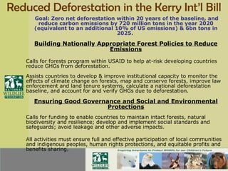 Reduced Deforestation in the Kerry Int’l Bill   Goal: Zero net deforestation within 20 years of the baseline, and reduce carbon emissions by 720 million tons in the year 2020 (equivalent to an additional 10% of US emissions) & 6bn tons in 2025.  Building Nationally Appropriate Forest Policies to Reduce Emissions Calls for forests program within USAID to help at-risk developing countries reduce GHGs from deforestation.  Assists countries to develop & improve institutional capacity to monitor the effects of climate change on forests, map and conserve forests, improve law enforcement and land tenure systems, calculate a national deforestation baseline, and account for and verify GHGs due to deforestation.  Ensuring Good Governance and Social and Environmental Protections Calls for funding to enable countries to maintain intact forests, natural biodiversity and resilience; develop and implement social standards and safeguards; avoid leakage and other adverse impacts.  All activities must ensure full and effective participation of local communities and indigenous peoples, human rights protections, and equitable profits and benefits sharing.  