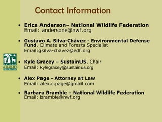 Contact Information Erica Anderson– National Wildlife Federation Email: andersone@nwf.org Gustavo A. Silva-Chávez - Environmental Defense Fund , Climate and Forests Specialist  Email:gsilva-chavez@edf.org Kyle Gracey – SustainUS , Chair  Email:  [email_address] Alex Page - Attorney at Law Email: alex.c.page@gmail.com Barbara Bramble – National Wildlife Federation   Email: bramble@nwf.org 