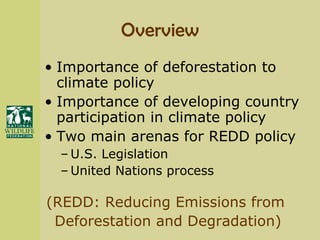 Overview Importance of deforestation to climate policy Importance of developing country participation in climate policy Two main arenas for REDD policy U.S. Legislation United Nations process (REDD: Reducing Emissions from  Deforestation and Degradation) 