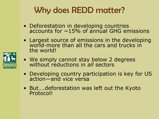 Why does REDD matter? Deforestation in developing countries accounts for ~15% of annual GHG emissions  Largest source of emissions in the developing world-more than all the cars and trucks in the world! We simply cannot stay below 2 degrees without reductions in  all  sectors Developing country participation is key for US action—and vice versa But….deforestation was left out the Kyoto Protocol! 