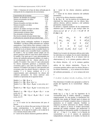 Tropical and Subtropical Agroecosystems, 14 (2011): 981-987

Tabla 1. Estructura de la base de datos utilizada para la             m = vector de los efectos aleatorios genéticos
estimación de los componentes de (co)varianza.                        maternos.
                                                                      c = vector de los efectos aleatorios del ambiente
Característica de la muestra                            Valor         permanente.
Número de animales en el pedigrí                        6578          e = vector de los efectos aleatorios residuales.
Número de animales con datos                            5120          X, Zd, Zm,y Zc son las matrices de incidencia que
Total de padres                                          112          relacionan las observaciones con los efectos fijos,
Número de padres con hijos con datos                      49          aditivos directos, aditivos maternos y del ambiente
Número de padres con datos                                11          permanente, respectivamente.
Total de madres                                         2065          El primero y segundo momento de los componentes
Número de madres con hijos con datos                    1706          aleatorios para el modelo 6 que incluyó todos los
Número de madres con datos                               690          efectos son: [ a’ m’ c’             e’ y’ ] ～ N {[ 0’ 0’              0’
Edad promedio al destete (días)                         206.7
                                                                      0’ (Xb)’]’, Σ}
Peso promedio al destete (kg)                           159.7
Desviación estándar del peso destete (kg)                26.7
Coeficiente de variación del peso destete (kg)           16.7            A a2
                                                                                               A am            0           0               2
                                                                                                                                     AZ a a 
                                                                                                                                              
                                                                         A am                 A m2
                                                                                                                0           0              2
                                                                                                                                     AZ m m 
Los datos fueron analizados mediante el programa
‘WOMBAT’ de Meyer (2006) utilizando seis modelos                       0                       0          I n c2        0         Z c c2 
                                                                                                                                         
                                                                                                                                              
matemáticos. Como efectos fijos comunes a todos los
                                                                         0                       0             0        I N e2      I N e2 
modelos se consideraron al grupo de contemporáneos,
                                                                         Z A 2              Z m A m2
                                                                                                             Z c c2     I N e2        V 
la edad de la cría al destete como covariable lineal y la                a a                                                                  
edad de la madre como covariable lineal y cuadrática.
El modelo 1, fue un modelo animal simple con los                      Donde A es la matriz de relaciones aditivas entre todos
efectos genéticos aditivos como único efecto aleatorio.               los individuos en el pedigrí, I es la matriz identidad, n
El modelo 2 fue igual que el 1 pero adicionándole los                 es el número de madres, N es el número total de
efectos del ambiente permanente debidos a la madre y
no correlacionado con los efectos aditivos en el                      observaciones,  a es la varianza genética aditiva de
                                                                                       2

modelo. El modelo 3 fue como el 1 pero adicionando                    los efectos directos,  m es la varianza genética
                                                                                              2
los efectos maternales genéticos y asumiendo una
covarianza igual a cero entre los efectos directos y                  aditiva de los efectos maternales,  am es la
maternos. El modelo 4 fue igual al 3 pero permitió una                covarianza genética aditiva entre los efectos directos y
covarianza entre los efectos directos y maternos. Los                 los efectos maternales,  c2 es la varianza de los efectos
modelos 5 y 6 fueron similares al 3 y 4,
                                                                      del ambiente permanente,  e es la varianza del error
                                                                                                 2
respectivamente, pero adicionando los efectos del
ambiente permanente. En forma matricial estos                         y
modelos se representan de la siguiente forma:
                                                                      V  Z a AZ a a  Z m AZ m m  (Z a AZ m  Z m AZ a ) am  Z c Z c  I e2
                                                                                  2            2                                     
Modelo 1: y = Xb + Za a + e
Modelo 2: y = Xb + Za a + Zc c + e                                    Para determinar el modelo más apropiado se utilizó la
Modelo 3: y = Xb + Za a + Zm m + e con cov(a, m) =                    prueba del logaritmo de la verosimilitud (Meyer,
0                                                                     1992):
Modelo 4: y = Xb + Za a + Zm m + e con cov(a, m) ≠
0                                                                      2  2(log Lr  log Lc )
Modelo 5: y = Xb + Za a + Zm m + Zc c + e con
cov(a, m) = 0                                                         donde log Lr y log Lc son los logaritmos de la
Modelo 6: y = Xb + Za a + Zm m + Zc c + e con                         verosimilitud para el modelo reducido y completo,
cov(a, m) ≠ 0                                                         respectivamente. En esta prueba, la distribución Chi-
                                                                      cuadrada tiene grados de libertad igual al número de
En donde:                                                             parámetros en el modelo completo menos el número de
y = es el vector de las observaciones del peso al                     parámetros en el modelo reducido. También se
destete.                                                              utilizaron el criterio informativo de Akaike (Akaike,
b = vector de los efectos fijos que incluye el efecto del             1974). El objetivo es buscar el modelo aproximado,
grupo contemporáneo y la regresión (lineal y                          partiendo del modelo completo, que proporcione la
cuadrática) de la edad de la madre y de la edad de la                 menor pérdida de información posible. La expresión de
cría al destete (lineal) sobre el PD.                                 AIC es - 2 log L+ 2 p, donde L es la función de
a = vector de los efectos aleatorios genéticos aditivos.              verosimilitud y p es el número de parámetros
                                                                      independientes estimados en el modelo. La función de

                                                                983
 
