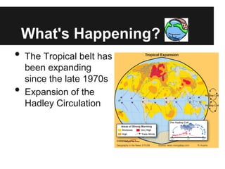 What's Happening?
•   The Tropical belt has
    been expanding
    since the late 1970s
•   Expansion of the
    Hadley Circulation
 