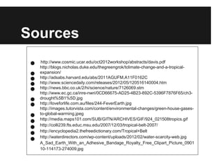 Sources

 •   http://www.cosmic.ucar.edu/oct2012workshop/abstracts/davis.pdf


 •
     http://blogs.nicholas.duke.edu/thegreengrok/tclimate-change-and-a-tropical-


 •
     expansion/


 •
     http://adsabs.harvard.edu/abs/2011AGUFM.A11F0162C


 •
     http://www.sciencedaily.com/releases/2012/05/120516140004.htm
     http://news.bbc.co.uk/2/hi/science/nature/7126069.stm


 •
     http://www.ec.gc.ca/inre-nwri/0CD66675-AD25-4B23-892C-5396F7876F65/ch3-


 •
     drought%5B1%5D.jpg
     http://loveforlife.com.au/files/244-FeverEarth.jpg


 •
     http://images.tutorvista.com/content/environmental-changes/green-house-gases-
     to-global-warming.jpeg

 •
 •
     http://media.maps101.com/SUB/GITN/ARCHIVES/GIF/924_021508tropics.gif
     http://colli239.fts.educ.msu.edu/2007/12/03/tropical-belt-2007/

 •
 •
     http://encyclopedia2.thefreedictionary.com/Tropical+Belt
     http://waterdirectors.com/wp-content/uploads/2012/02/water-scarcity-web.jpg
     A_Sad_Earth_With_an_Adhesive_Bandage_Royalty_Free_Clipart_Picture_0901
     10-114173-274009.jpg
 