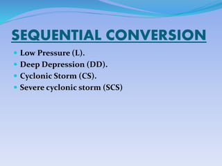 SEQUENTIAL CONVERSION
 Low Pressure (L).
 Deep Depression (DD).
 Cyclonic Storm (CS).
 Severe cyclonic storm (SCS)
 