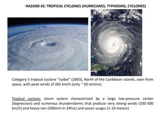 HAZARD #2: TROPICAL CYCLONES (HURRICANES, TYPHOONS, CYCLONES)




Category 5 tropical cyclone “Isabel” (2003), North of the Caribbean islands, seen from
space, with peak winds of 265 km/h (only ~ 50 victims)


Tropical cyclone: storm system characterized by a large low-pressure center
(depression) and numerous thunderstorms that produce very strong winds (100-300
km/h) and heavy rain (500mm in 24hrs) and ocean surges (1-10 meters)
 