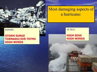 Most damaging aspects of
a hurricane:
AT SEA:
HIGH SEAS
HIGH WINDS
INPORT:
STORM SURGE
TORNADO/SVR TSTMS
HIGH WINDS
 