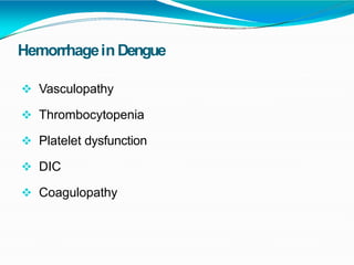 HemorrhageinDengue
 Vasculopathy
 Thrombocytopenia
 Platelet dysfunction
 DIC
 Coagulopathy
 
