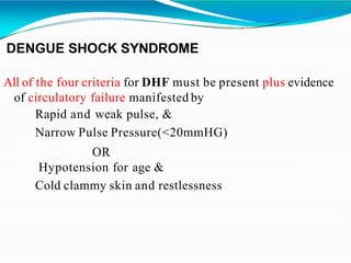 DENGUE SHOCK SYNDROME
All of the four criteria for DHF must be present plus evidence
of circulatory failure manifested by
Rapid and weak pulse, &
Narrow Pulse Pressure(<20mmHG)
OR
Hypotension for age &
Cold clammy skin and restlessness
 