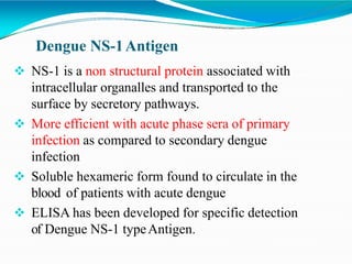 Dengue NS-1Antigen
 NS-1 is a non structural protein associated with
intracellular organalles and transported to the
surface by secretory pathways.
 More efficient with acute phase sera of primary
infection as compared to secondary dengue
infection
 Soluble hexameric form found to circulate in the
blood of patients with acute dengue
 ELISA has been developed for specific detection
of Dengue NS-1 typeAntigen.
 