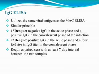 IgG ELISA
 Utilizes the same viral antigens as the MAC ELISA
 Similar principle
 10 Dengue: negative IgG in the acute phase and a
positive IgG in the convalescent phase of the infection
 20 Dengue: positive IgG in the acute phase and a four
fold rise in IgG titer in the convalescent phase
 Requires paired sera with at least 7 day interval
between the two samples
 