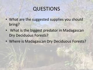 QUESTIONS
• What are the suggested supplies you should
  bring?
• What is the biggest predator in Madagascan
  Dry Deciduous Forests?
• Where is Madagascan Dry Deciduous Forests?
 