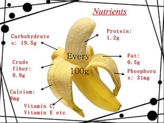 Every 100g Protein: 1.2g Fat: 0.5g Carbohydrates: 19.5g Crude fiber: 0.9g Calcium: 9mg Phosphorus: 31mg Vitamin C, Vitamin E etc . Nutrients   