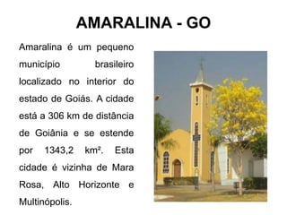 AMARALINA - GO
Amaralina é um pequeno
município brasileiro
localizado no interior do
estado de Goiás. A cidade
está a 306 km de distância
de Goiânia e se estende
por 1343,2 km². Esta
cidade é vizinha de Mara
Rosa, Alto Horizonte e
Multinópolis.
 