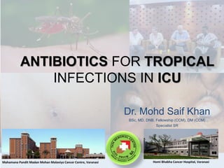 ANTIBIOTICS FOR TROPICAL
INFECTIONS IN ICU
Dr. Mohd Saif Khan
BSc, MD, DNB, Fellowship (CCM), DM (CCM)
Specialist SR
Homi Bhabha Cancer Hospital, VaranasiMahamana Pandit Madan Mohan Malaviya Cancer Centre, Varanasi
 
