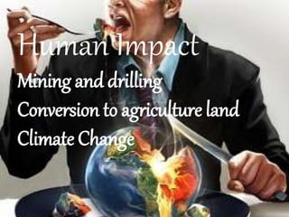 Human Impact
Mining and drilling
Conversion to agriculture land
Climate Change
 