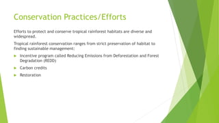 Conservation Practices/Efforts
Efforts to protect and conserve tropical rainforest habitats are diverse and
widespread.
Tropical rainforest conservation ranges from strict preservation of habitat to
finding sustainable management:
 Incentive program called Reducing Emissions from Deforestation and Forest
Degradation (REDD)
 Carbon credits
 Restoration
 