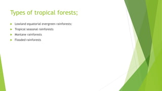 Types of tropical forests;
 Lowland equatorial evergreen rainforests:
 Tropical seasonal rainforests
 Montane rainforests
 Flooded rainforests
 