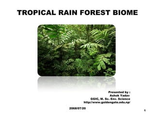 TROPICAL RAIN FOREST BIOME
Presented by :
Ashok Yadav
GGIC, M. Sc. Env. Science
http://www.goldengate.edu.np/
2068/07/20
1
 
