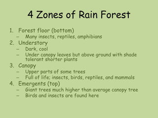 4 Zones of Rain Forest
1. Forest floor (bottom)
– Many insects, reptiles, amphibians
2. Understory
– Dark, cool
– Under canopy leaves but above ground with shade
tolerant shorter plants
3. Canopy
– Upper parts of some trees
– Full of life; insects, birds, reptiles, and mammals
4. Emergents (top)
– Giant trees much higher than average canopy tree
– Birds and insects are found here
 