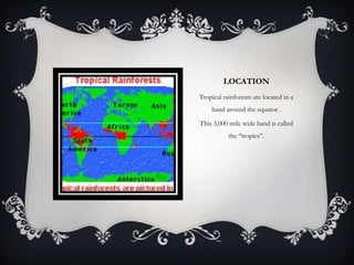 LOCATION
Tropical rainforests are located in a
band around the equator .
This 3,000 mile wide band is called
the ‘’tropics”.
 