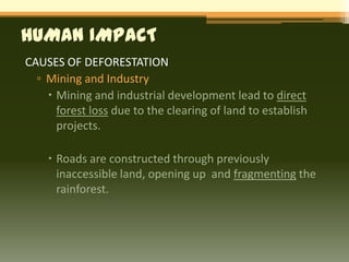 HUMAN IMPACT
CAUSES OF DEFORESTATION
  ▫ Mining and Industry
     Mining and industrial development lead to direct
      forest loss due to the clearing of land to establish
      projects.

     Roads are constructed through previously
      inaccessible land, opening up and fragmenting the
      rainforest.
 