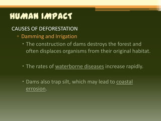 HUMAN IMPACT
CAUSES OF DEFORESTATION
  ▫ Damming and Irrigation
     The construction of dams destroys the forest and
      often displaces organisms from their original habitat.

     The rates of waterborne diseases increase rapidly.

     Dams also trap silt, which may lead to coastal
      errosion.
 