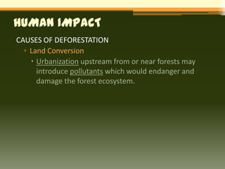 HUMAN IMPACT
CAUSES OF DEFORESTATION
  ▫ Land Conversion
     Urbanization upstream from or near forests may
      introduce pollutants which would endanger and
      damage the forest ecosystem.
 