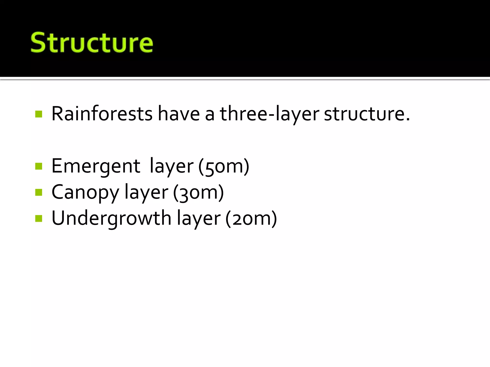  Rainforests have a three-layer structure.
 Emergent layer (50m)
 Canopy layer (30m)
 Undergrowth layer (20m)
 