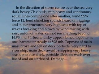 In the direction of storm centre over the sea very
dark heavy Cb clouds, rain heavy and continuous,
squall lines coming one after another, wind SSW
force 12, loud shrieking sounds heard on riggings
and superstructures, very high seas with top of
waves breaking and blown by wind mixing with
rain, airfoil of water, cannot see anything beyond
H.#3 and #4. Sea and sky appear joined together as
one, barometer steady at 898 mb. Topmast of main
mast broke and fell on deck portside, very hard to
steer ship, main deck awash, shipping very heavy
seas up to boat deck, portside lifeboats wash over
board and on starboard. Damage......”
 