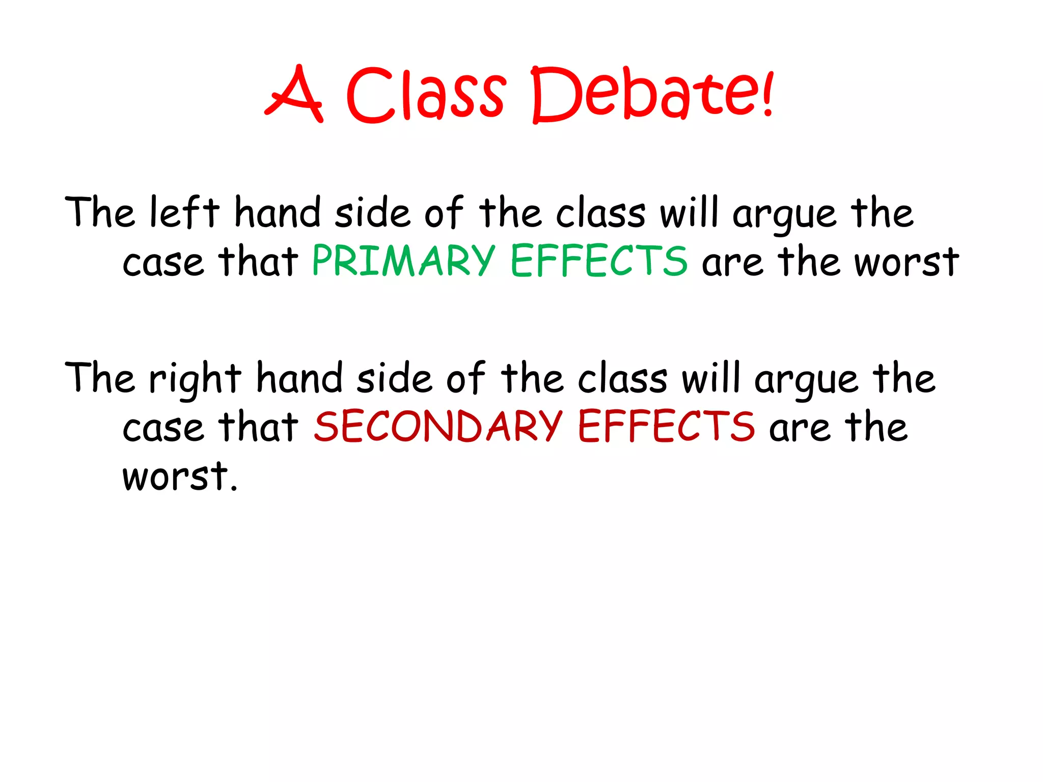 ChallengesUse a key to categorise the effects into ‘primary’ and ‘secondary’Further categorise the effects – how many different ways can you do it?ExtensionTry to add a further 6 effects to the tableChoose the worst effect, and write a couple of sentences to justify your answer