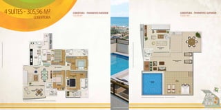 4 SUÍTES - 305,96 M²                                                                                     COBERTURA - PAVIMENTO INFERIOR
                                                                                                                                                                                          155,95 m²
                                                                                                                                                                                                                                                                                                                                                                                                                                                                   COBERTURA - PAVIMENTO SUPERIOR
                                                                                                                                                                                                                                                                                                                                                                                                                                                                   150,01 m²
                                                                                                                       cOBERTURA




                                                                                                                                                                                                                                                                                 A escolha das opções de planta segue as mesmas regras dos demais apartamentos.
A escolha das opções de planta segue as mesmas regras dos demais apartamentos.




                                                                                                                                                                                                                                                                                                                                                                  Ilustração artística da planta da Cobertura, pavimento superior - 150,01 m² de área privativa.


                                                                                         Ilustração artística da planta da Cobertura, pavimento inferior - 155,95 m² de área privativa.




                                                                                                                                                                                                                           Perspectiva ilustrada do pavimento superior da Cobertura.
 