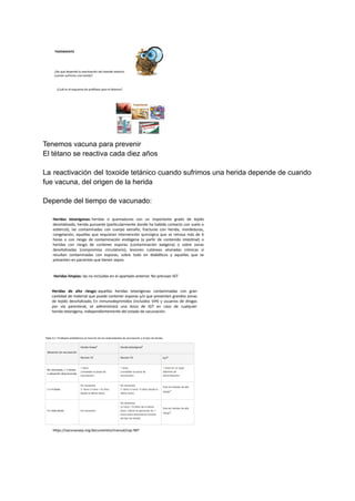 Tenemos vacuna para prevenir
El tétano se reactiva cada diez años
La reactivación del toxoide tetánico cuando sufrimos una herida depende de cuando
fue vacuna, del origen de la herida
Depende del tiempo de vacunado:
 