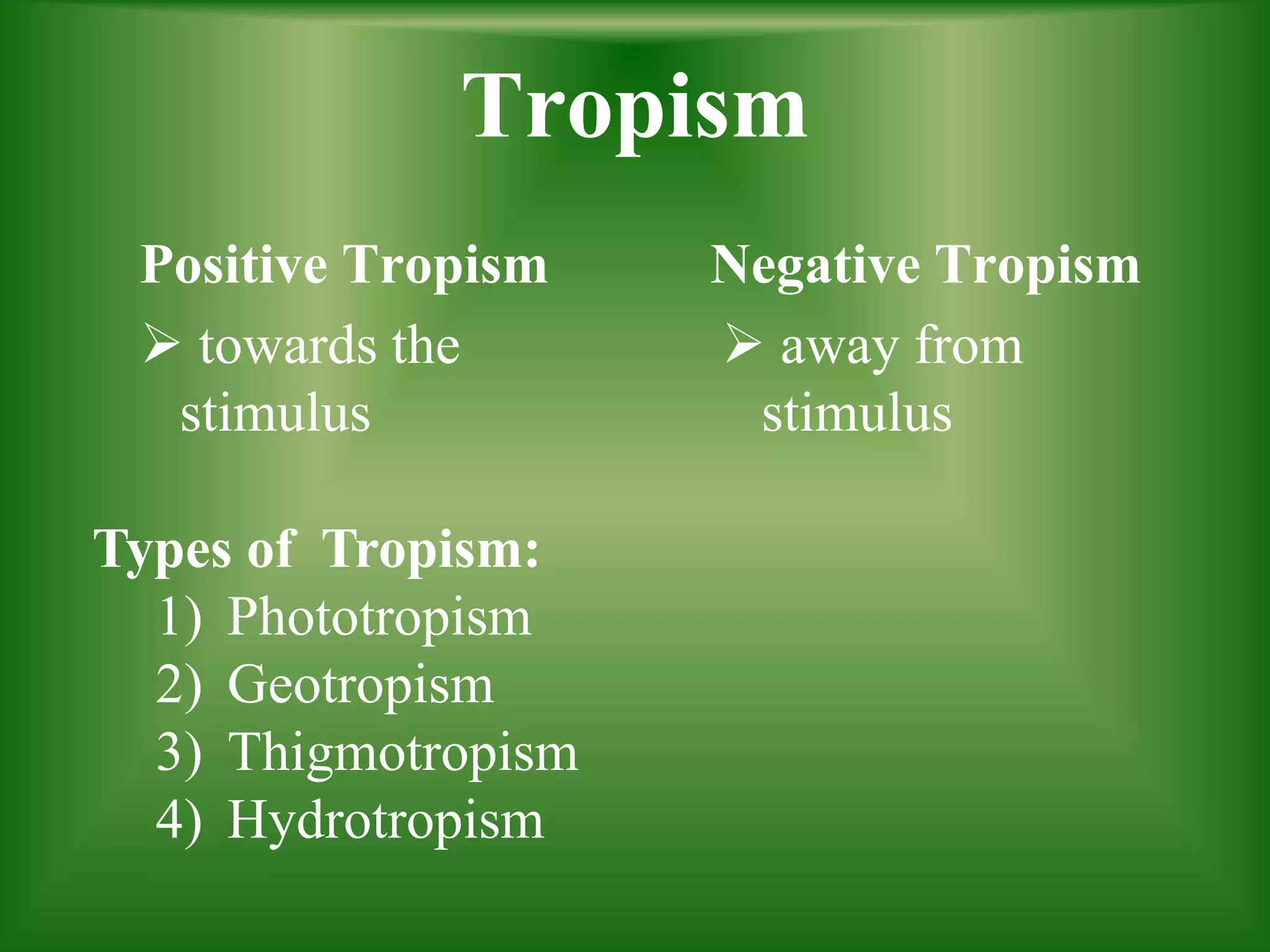 Tropism
Positive Tropism
 towards the
stimulus
Negative Tropism
 away from
stimulus
Types of Tropism:
1) Phototropism
2) Geotropism
3) Thigmotropism
4) Hydrotropism
 